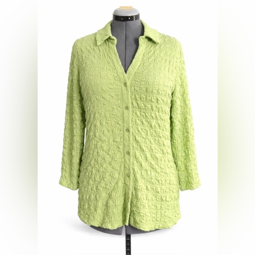 Top Ligne Textured Button-Up Blouse | Size Large | Lime Green